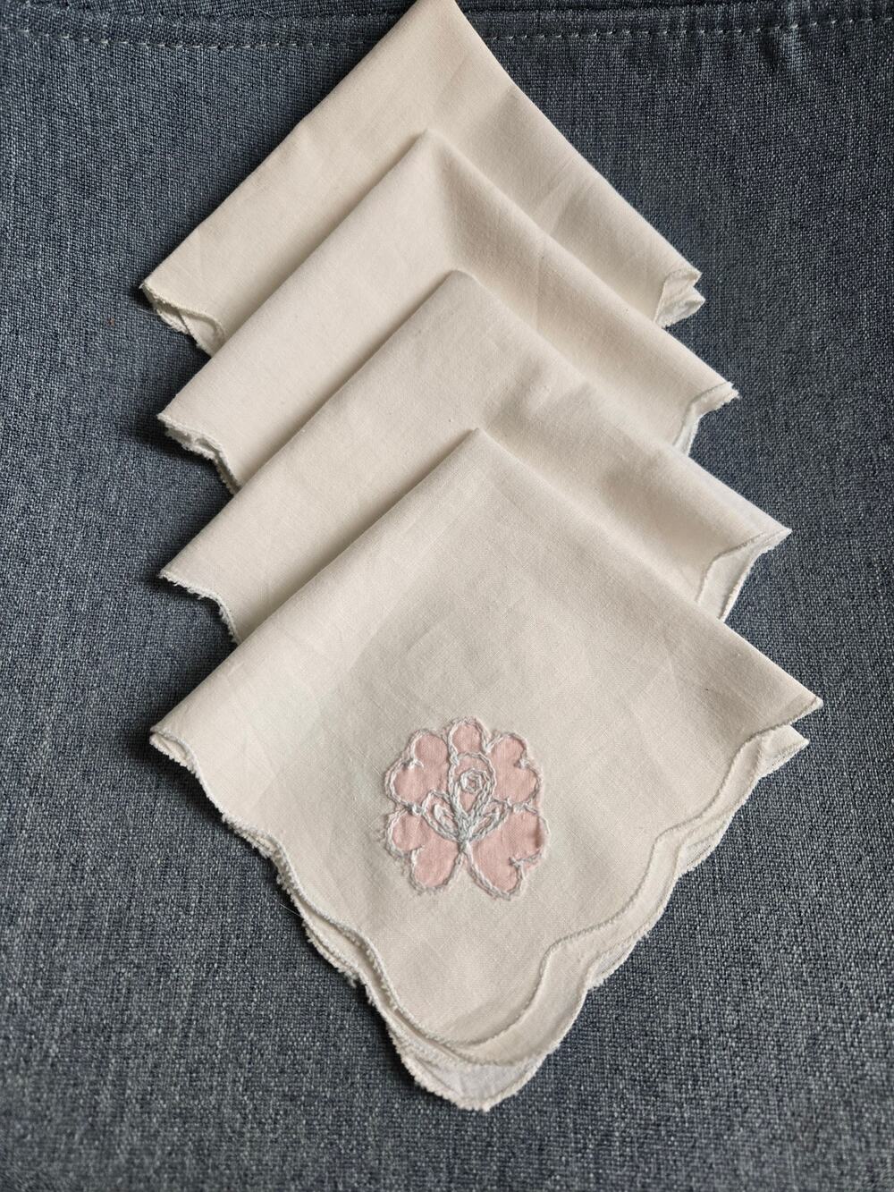Set of 4 Vintage Hand Embroidered Napkins Handkerchiefs White Pink Floral